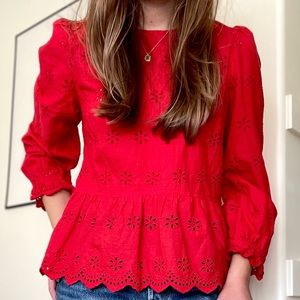 Madewell Eyelet Keyhole Peplum Top in Red